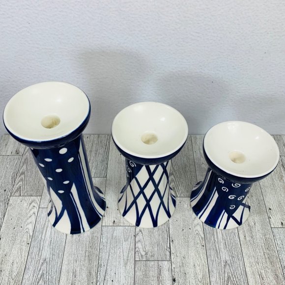 VTG Set of 3 Pacific Rim Candle Holders Blue White Ceramic Taper Candlestick - Picture 3 of 14